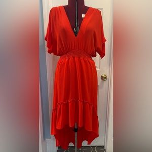 Gorgeous high low hem, low cut, ruffle sleeve dress